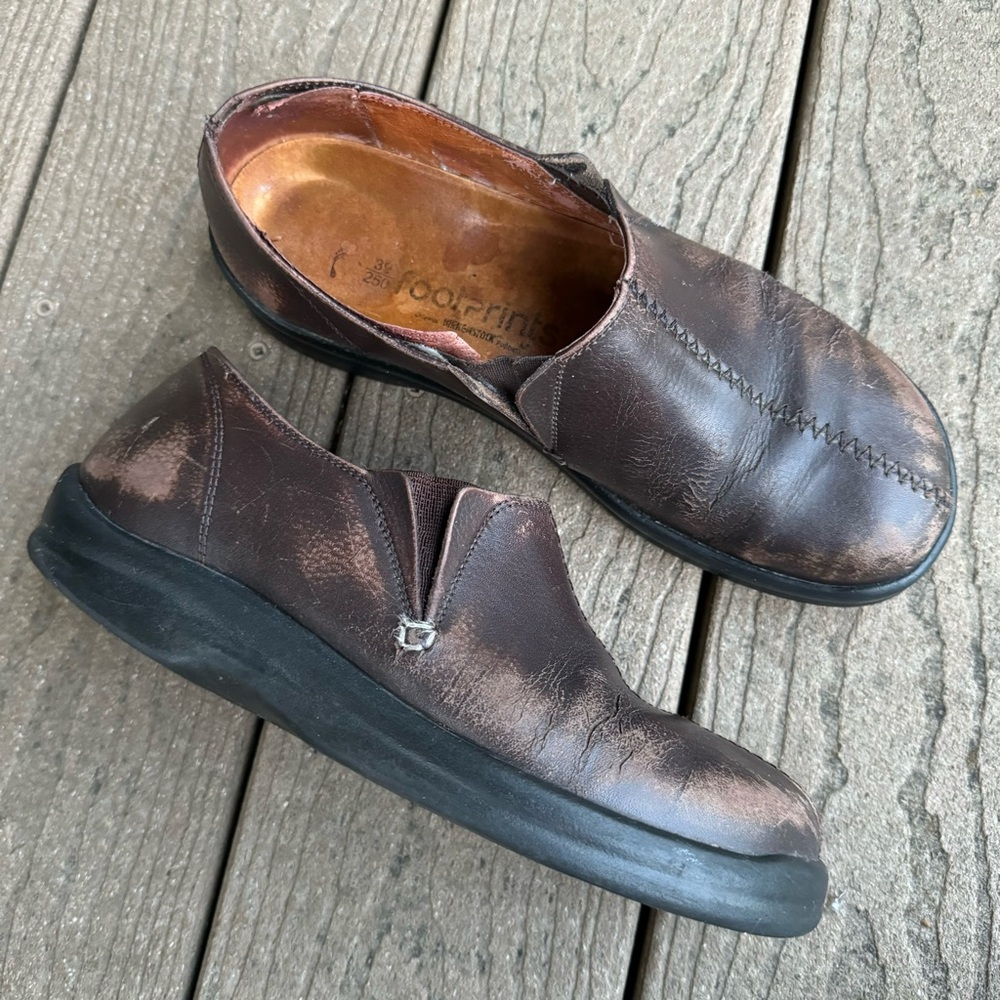SOLD Birkenstock Footprints Brown Leather Slip On Clogs 39 US 8.5 Comfort Shoes - Picture 1 of 10
